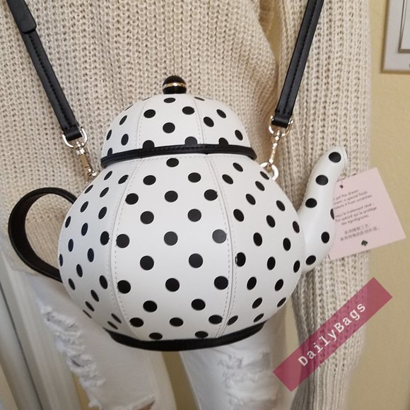 NWT KATE SPADE 100% AUTHENTIC TEAPOT CROSSBODY BLACK POLKA DOTS WHITE TEAPOT - Picture 7 of 10